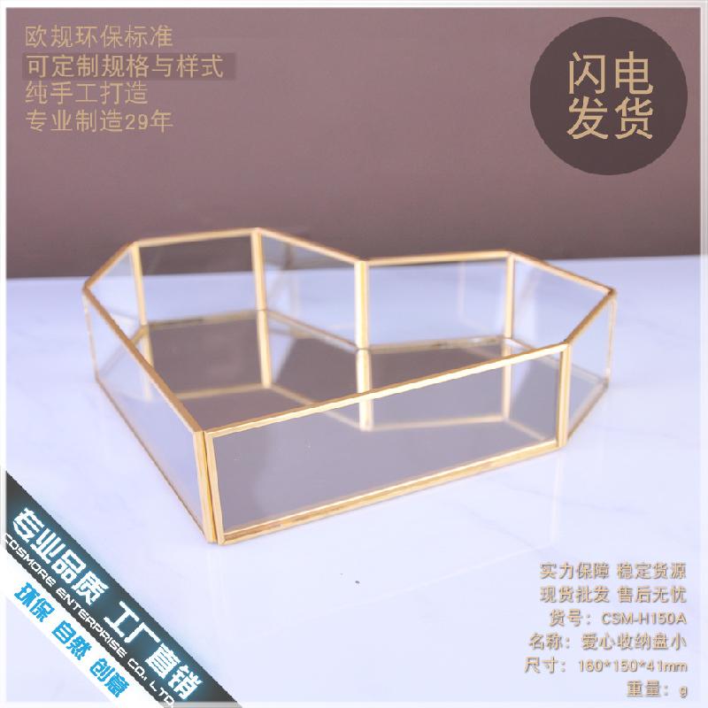 Chậu Đa Giác DG-117 Bảng đựng tráng miệng phong cách Bắc Âu có hình tim yêu, đồng màu vàng và thủy tinh trong suốt