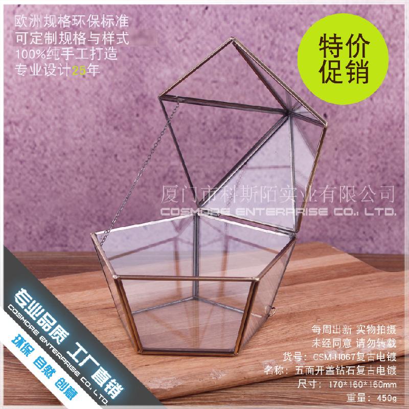 Chậu Đa Giác DG-225 Hộp đồ trang sức kính chứa, hộp nhẫn cưới, phòng hoa cổ điển mở năm mặt kính