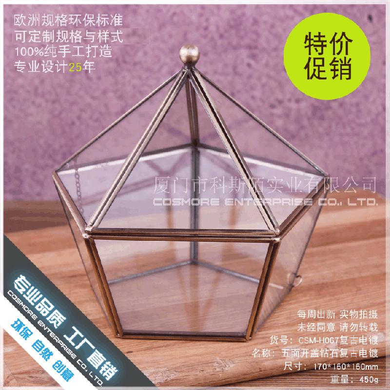 Chậu Đa Giác DG-225 Hộp đồ trang sức kính chứa, hộp nhẫn cưới, phòng hoa cổ điển mở năm mặt kính