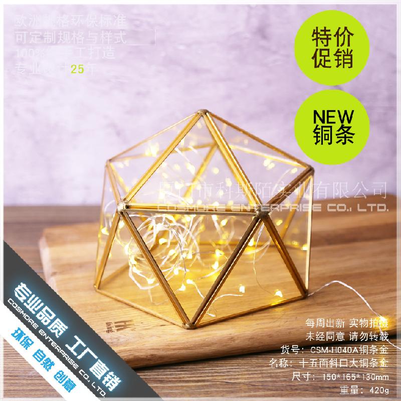 Chậu Đa Giác DG-185 Mặt nổi đồng đỏ lớn, thanh bạc, kính vàng, hoa vĩnh cửu, đèn nhỏ cảnh quan