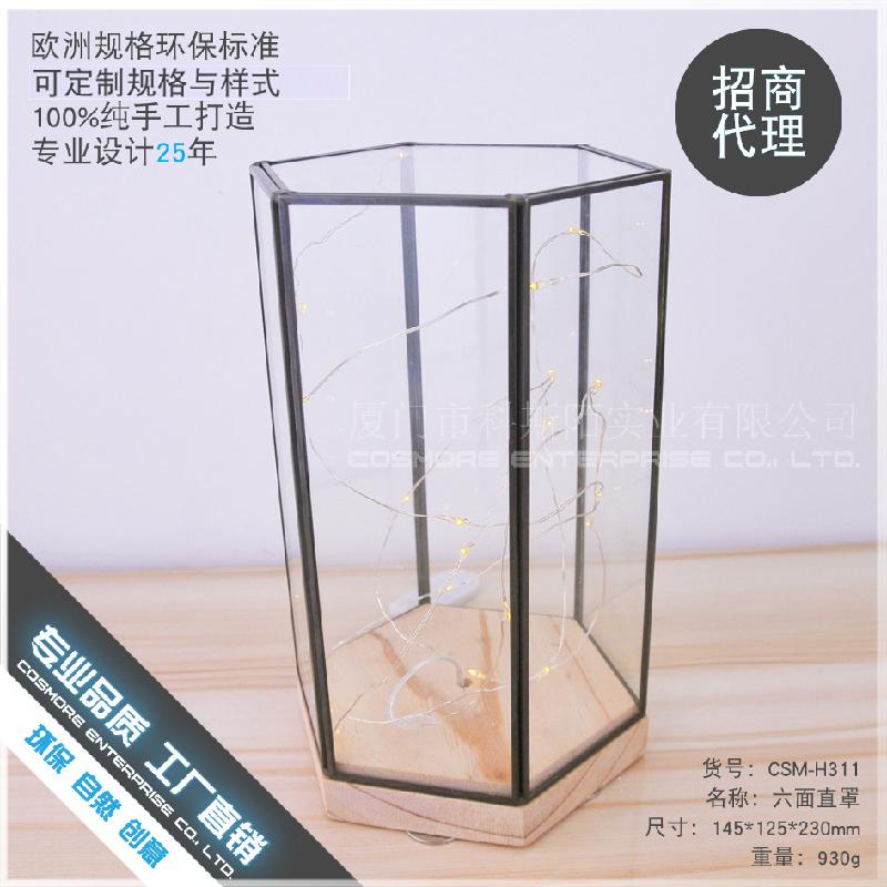 Chậu Đa Giác DG-156 Bộ đệm gỗ sáu mặt với ánh sáng LED, với vỏ kính thủy tinh mới sáng tạo