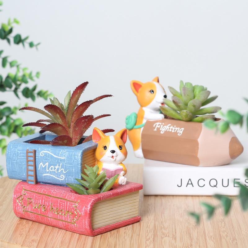 Chậu Cây Resin Chậu cây mọng nước hình chó Corgi resin, chậu mini để bàn, trang trí nhà và văn phòng (RG-143)