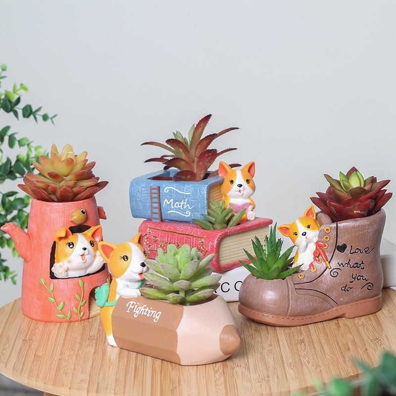 Chậu Cây Resin Chậu cây mọng nước hình chó Corgi resin, chậu mini để bàn, trang trí nhà và văn phòng (RG-143)