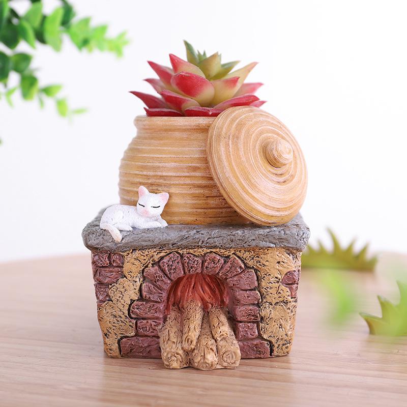Chậu Cây Resin Chậu cây resin hình bếp nông trại vintage, chậu mọng nước mini DIY, trang trí nhà và sân vườn (RG-269)