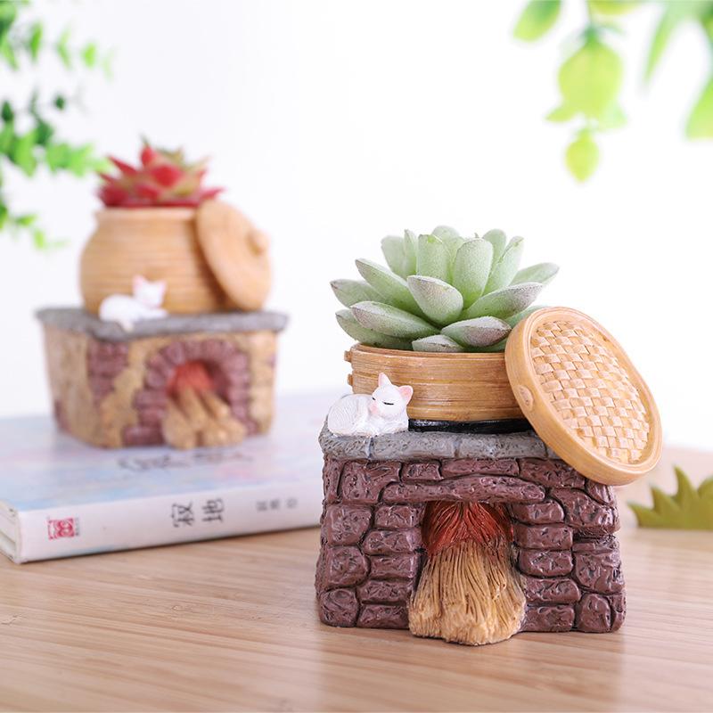 Chậu Cây Resin Chậu cây resin hình bếp nông trại vintage, chậu mọng nước mini DIY, trang trí nhà và sân vườn (RG-269)