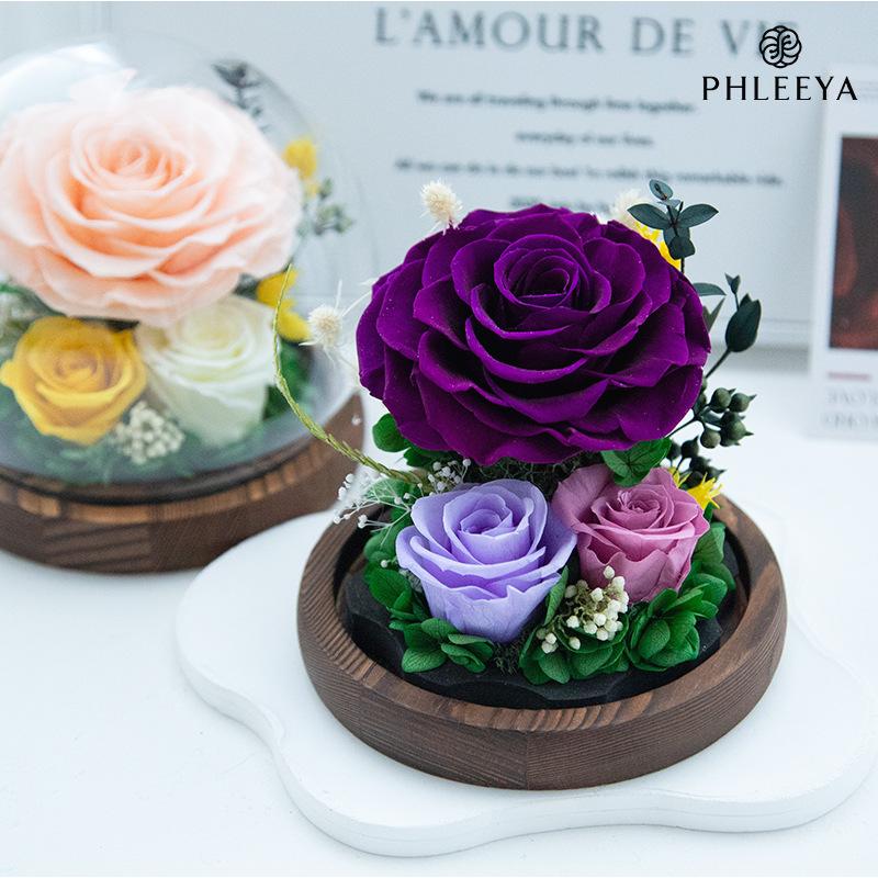 Hoa khô trang trí Hoa hồng vĩnh cửu lồng kính quả cầu vũ trụ quà Valentine (HK-113)