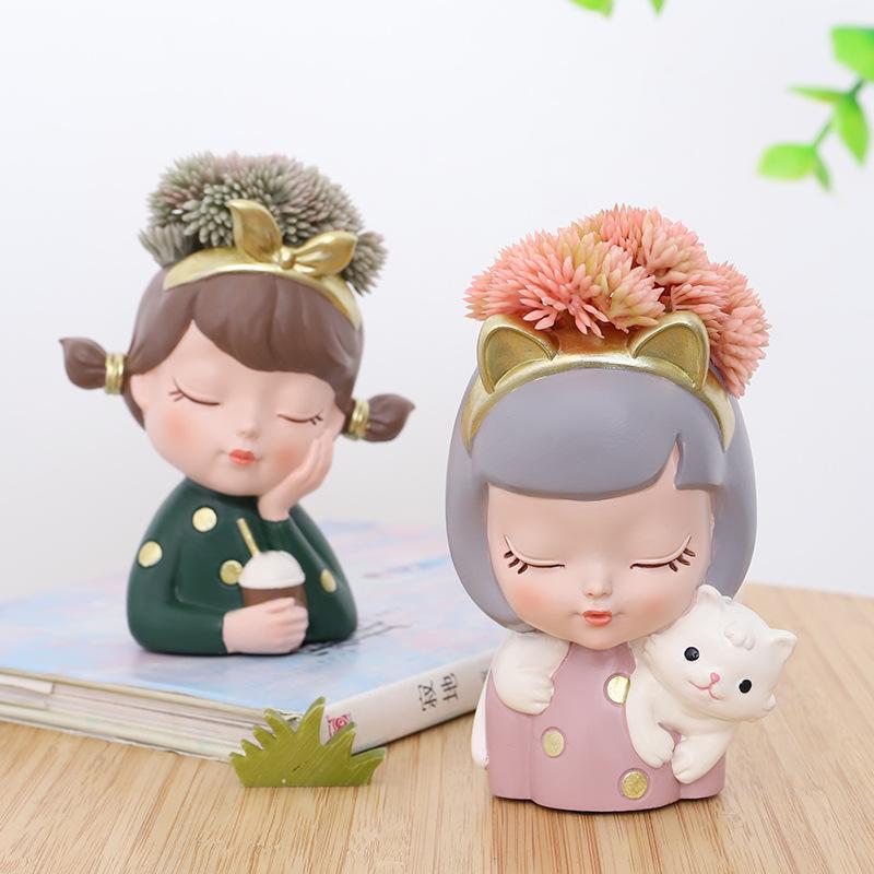 Chậu Cây Resin Chậu cây mọng nước hình cô gái resin phong cách châu Âu, chậu mini để bàn, trang trí cây xanh (RG-92)