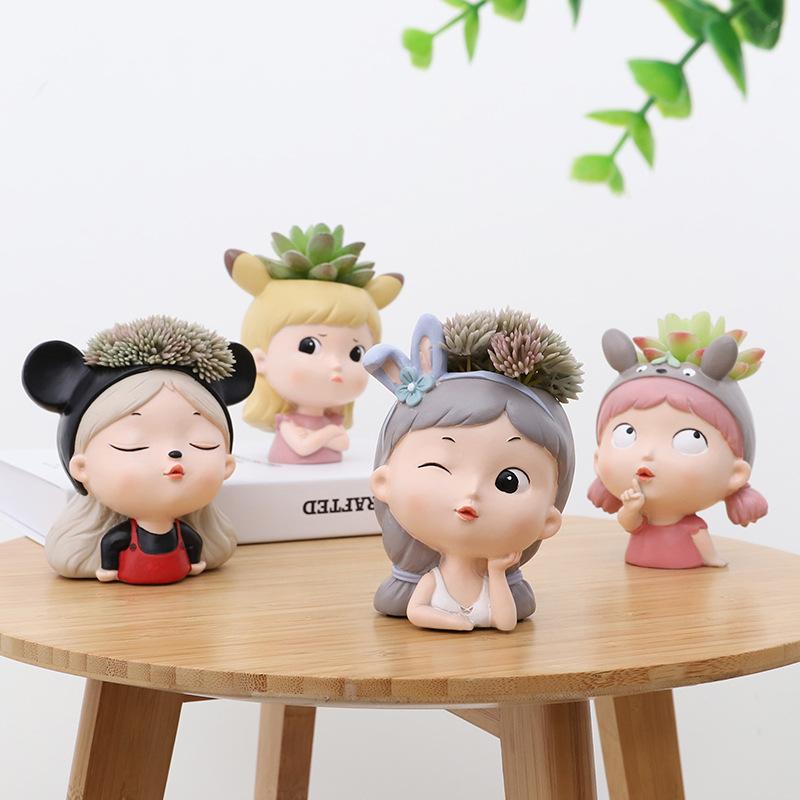 Chậu Cây Resin Chậu cây mọng nước hình cô gái hoạt hình resin, chậu mini để bàn, trang trí tiểu cảnh và sân vườn (RG-82)