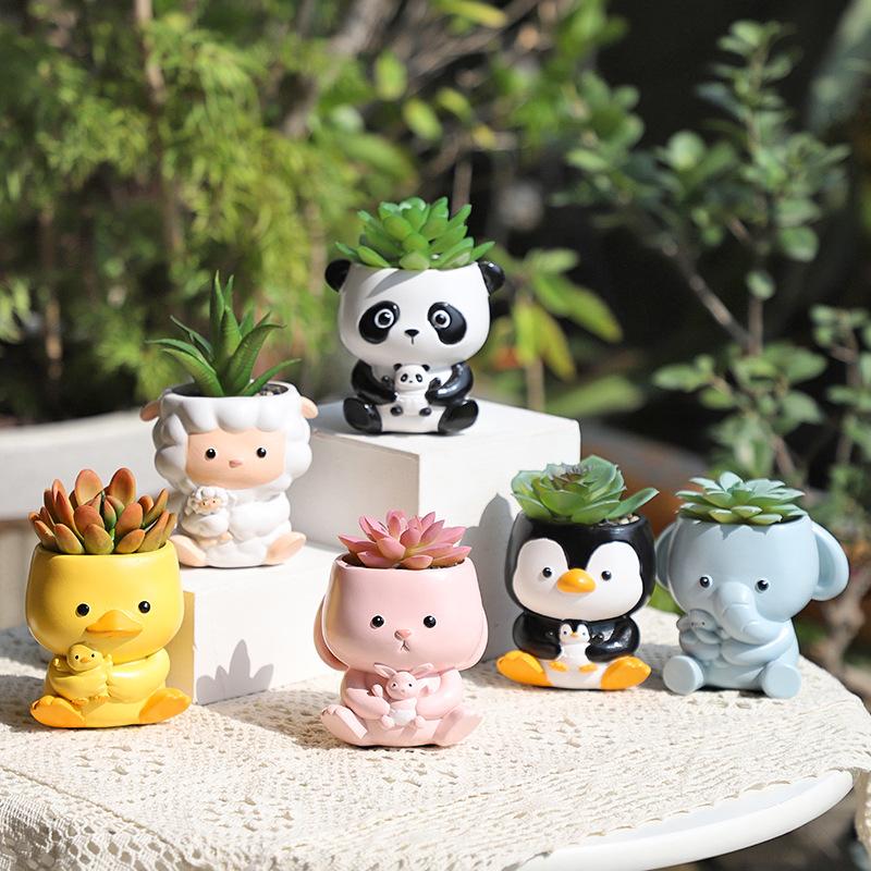 Chậu Cây Resin Chậu cây mọng nước hình động vật ôm nhau resin, chậu mini để bàn, đồ thủ công trang trí (RG-85)