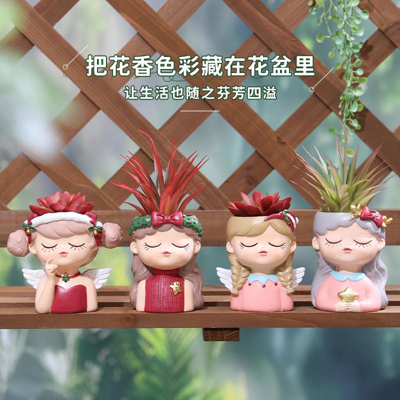 Chậu Cây Resin Chậu cây hình cô gái hoạt hình resin, chậu mọng nước mini, trang trí nhà, ban công và sân vườn (RG-112)