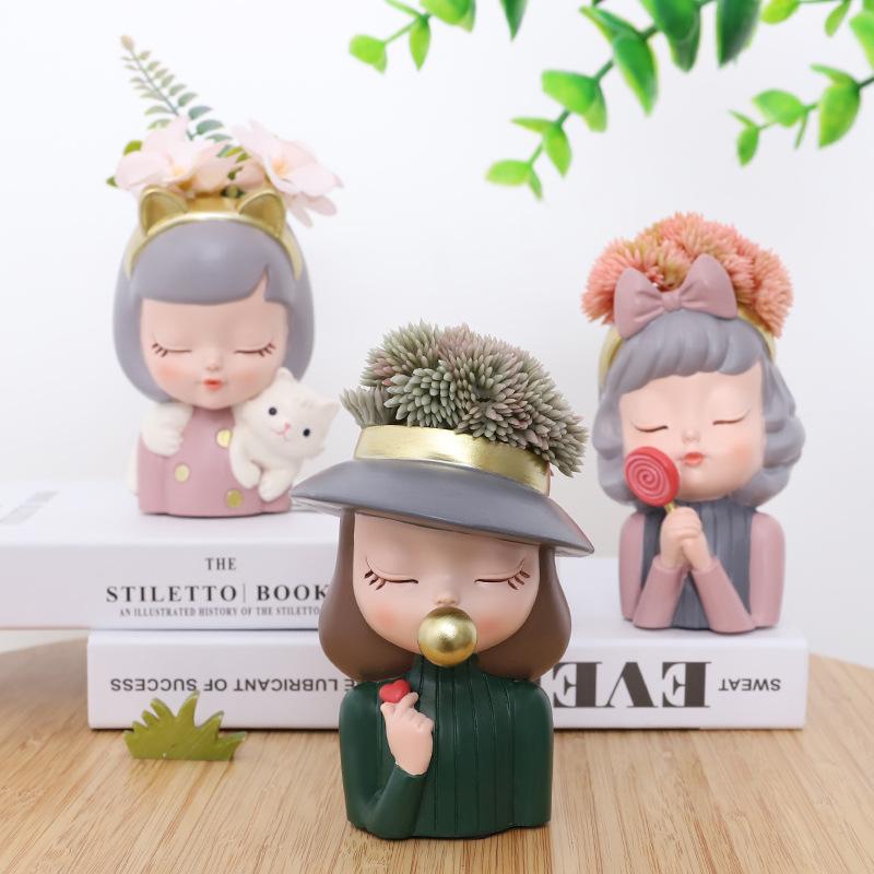 Chậu Cây Resin Chậu cây mọng nước hình cô gái resin phong cách châu Âu, chậu mini để bàn, trang trí cây xanh (RG-92)