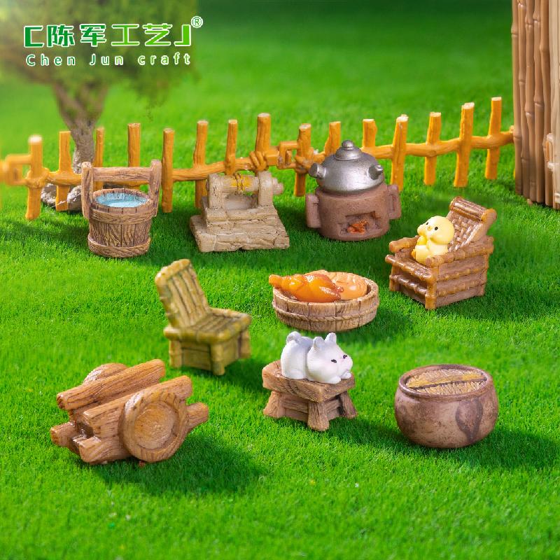 Phụ Kiện Tiểu Cảnh 微景观创意古风竹椅推车小物件庭院造景 DIY装饰品配件迷你小摆件
