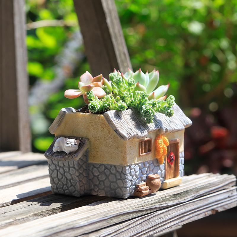 Chậu Cây Resin Chậu cây mọng nước hình nhà đồng quê mini resin, chậu tiểu cảnh để bàn, trang trí nhà và văn phòng (RG-101)