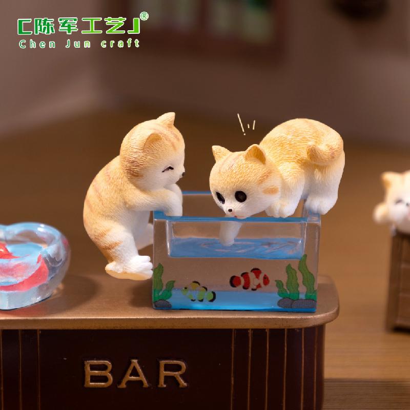 Phụ Kiện Tiểu Cảnh 微景观创意可爱调皮捞鱼小花猫娃娃屋 DIY装饰配件迷你微缩小摆件