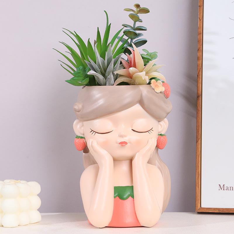 Chậu Cây Resin Chậu cây mọng nước hình cô gái resin, chậu mini trang trí ban công, sân vườn và bàn làm việc (RG-237)