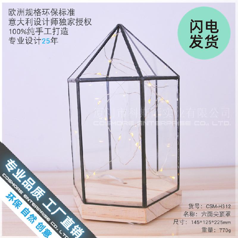 Chậu Đa Giác Chụp kính đỉnh nhọn đế gỗ trang trí, nhà kính hoa bất tử (DG-137)
