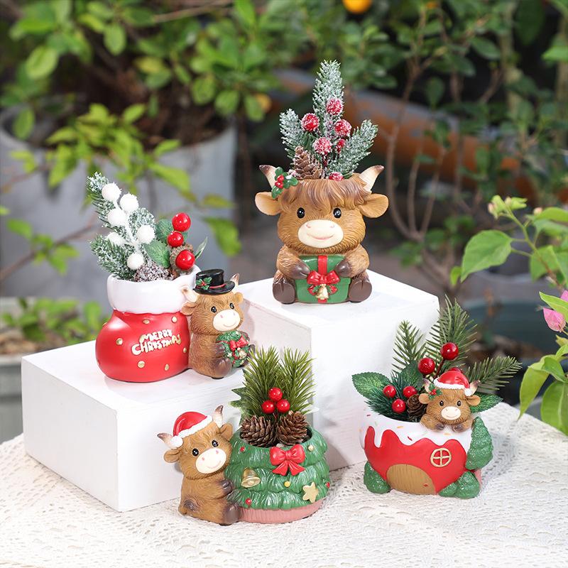 Chậu Cây Resin Chậu cây mọng nước hình bò Highland Giáng Sinh resin, chậu mini phong cách Bắc Âu, trang trí sân vườn (RG-204)