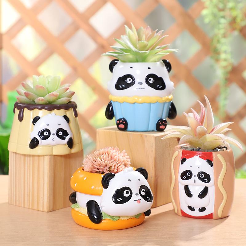 Chậu Cây Resin Chậu cây mọng nước hình gấu trúc hamburger resin, chậu mini để bàn, trang trí ban công và sân vườn (RG-104)