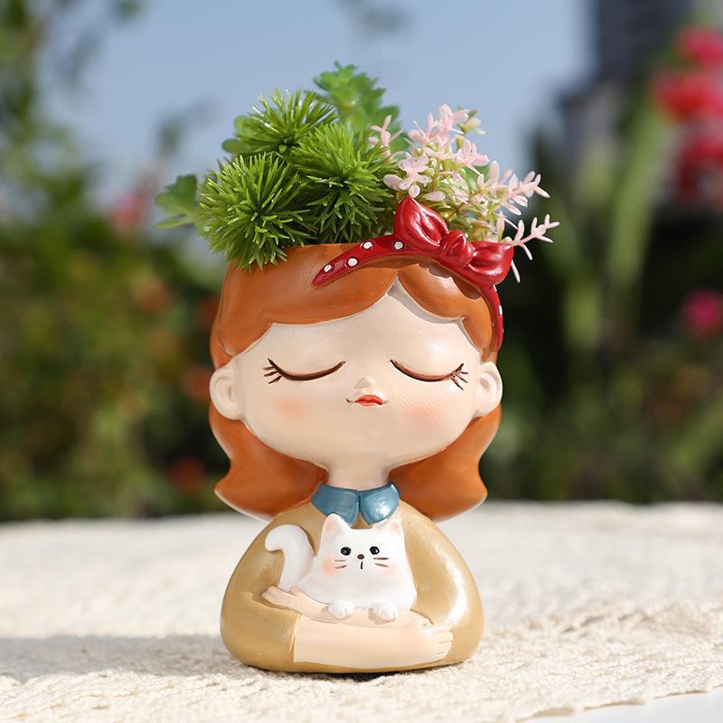 Chậu Cây Resin Chậu cây mọng nước hình cô gái resin, chậu mini trang trí nhà, ban công và sân vườn (RG-71)