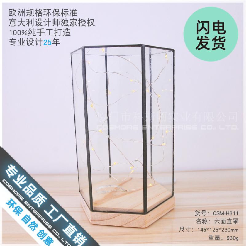 Chậu Đa Giác Đèn kính đế gỗ 6 mặt LED trang trí (DG-140)