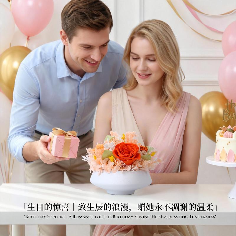 Hoa khô trang trí Chậu hoa hồng vĩnh cửu trang trí bàn ăn bàn tiếp khách (HK-52)