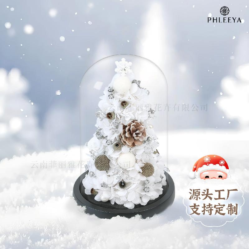 Hoa khô trang trí Hoa hồng vĩnh cửu cây thông Noel lồng kính quà cao cấp (HK-82)