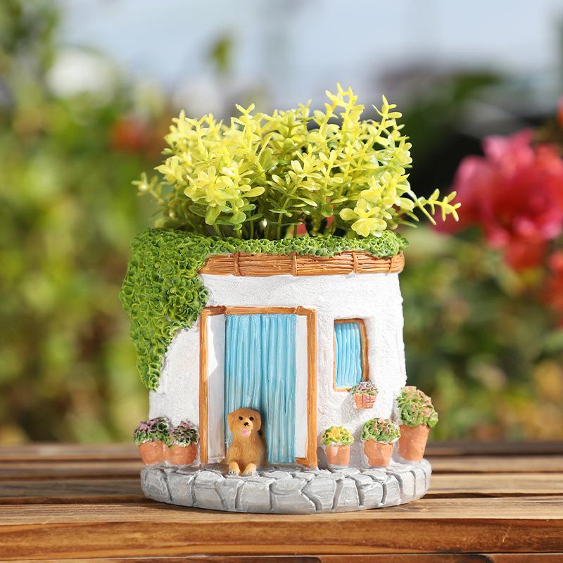 Chậu Cây Resin Chậu cây hình ngôi nhà màu hồng resin, chậu mọng nước mini, trang trí bàn làm việc (RG-17)