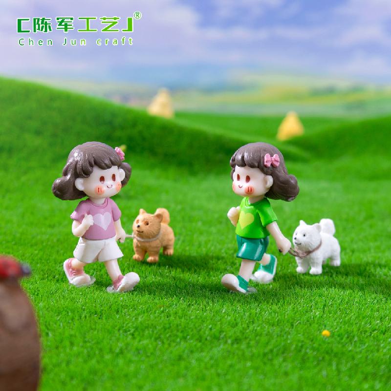 Phụ Kiện Tiểu Cảnh 微景观创意可爱小女孩牵狗园艺造景 DIY装饰品配件迷你桌面小摆件