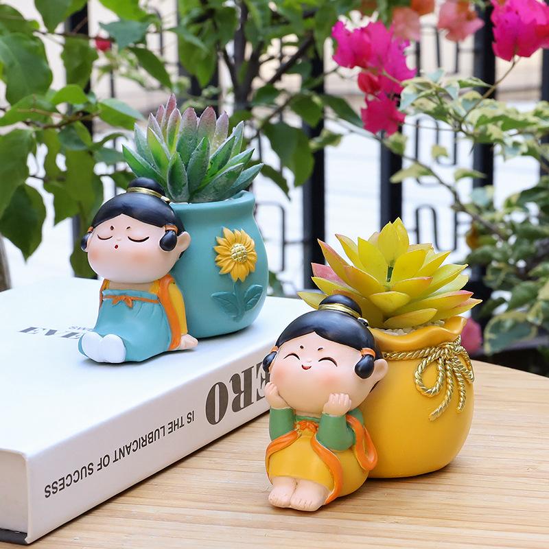 Chậu Cây Resin Chậu cây mọng nước hình mỹ nữ nhà Đường, chậu mini phong cách Trung Hoa, trang trí sân vườn (RG-155)