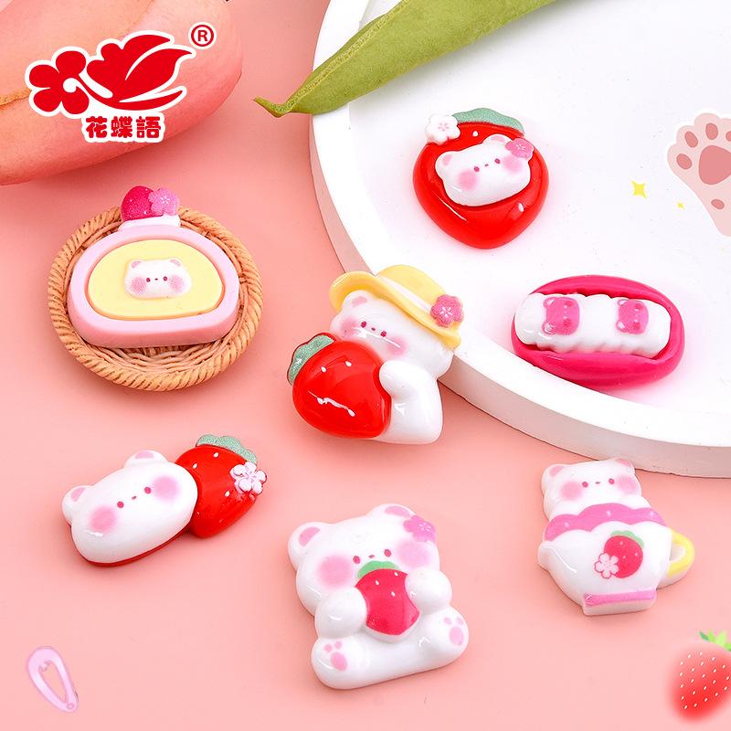 Phụ Kiện Nhỏ Xinh Gấu dâu hoa anh đào resin, phụ kiện DIY (NX-622)