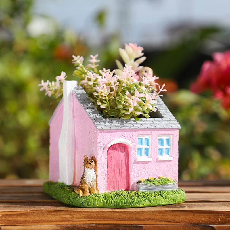 Chậu Cây Resin Chậu cây hình ngôi nhà màu hồng resin, chậu mọng nước mini, trang trí bàn làm việc (RG-17)