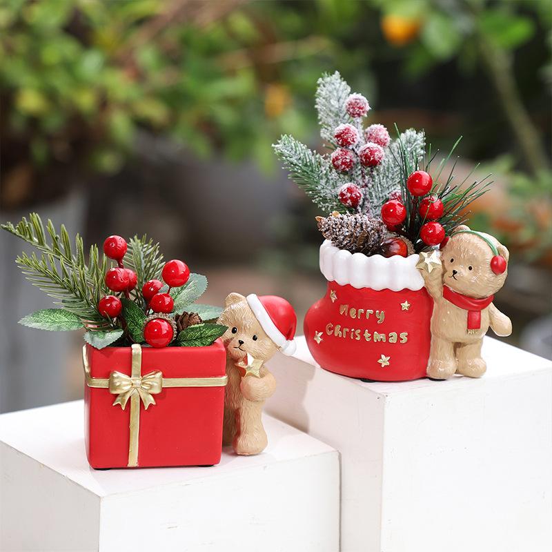 Chậu Cây Resin Chậu cây mọng nước hình gấu Giáng Sinh resin, chậu mini trang trí sân vườn, nhà và bàn làm việc (RG-89)