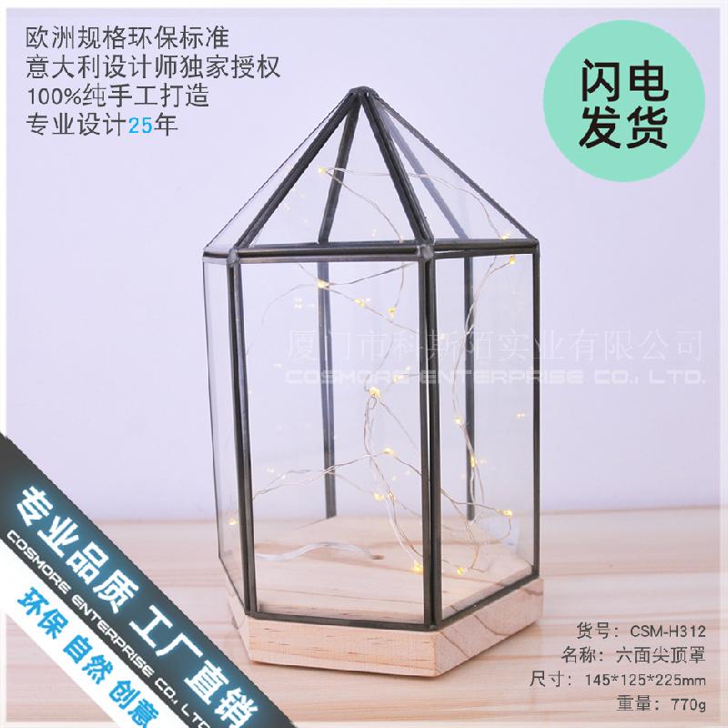 Chậu Đa Giác Chụp kính đỉnh nhọn đế gỗ trang trí, nhà kính hoa bất tử (DG-137)