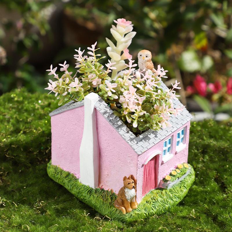 Chậu Cây Resin Chậu cây hình ngôi nhà màu hồng resin, chậu mọng nước mini, trang trí bàn làm việc (RG-17)