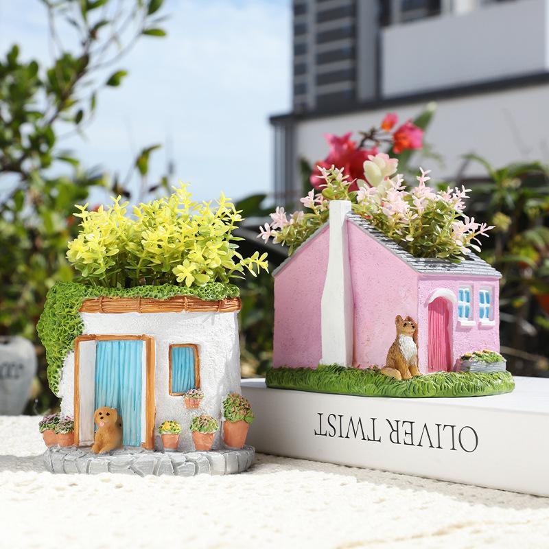 Chậu Cây Resin Chậu cây hình ngôi nhà màu hồng resin, chậu mọng nước mini, trang trí bàn làm việc (RG-17)