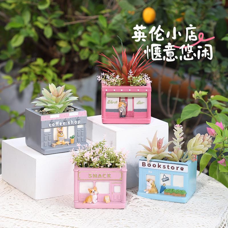 Chậu Cây Resin Chậu cây mọng nước hình phố cổ Anh resin, chậu mini trang trí nhà, sân vườn và ban công (RG-109)