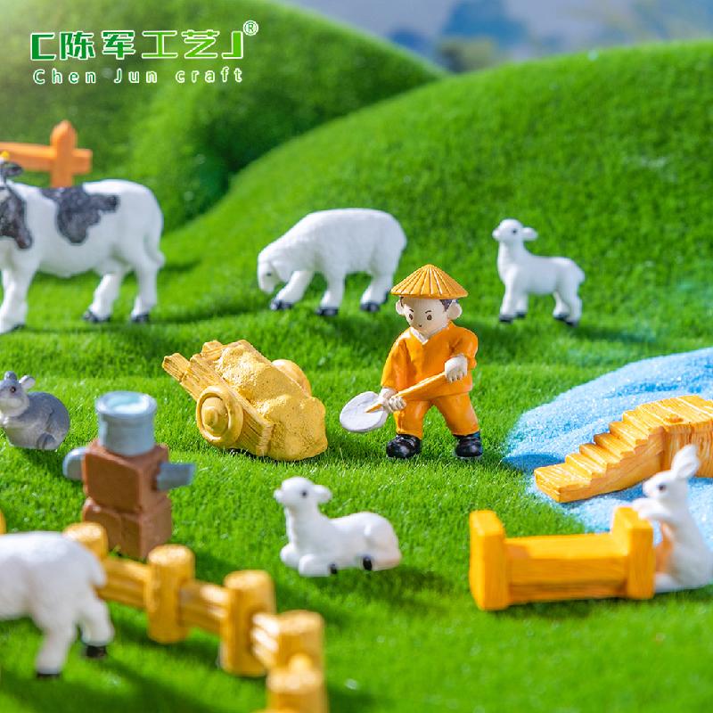 Phụ Kiện Tiểu Cảnh 微景观创意田园小牛小羊农夫农场造景 DIY装饰配件迷你微缩小摆件