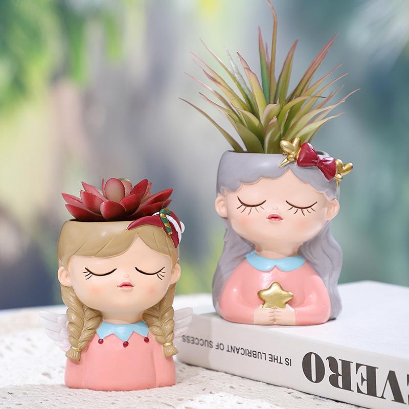 Chậu Cây Resin Chậu cây hình cô gái hoạt hình resin, chậu mọng nước mini, trang trí nhà, ban công và sân vườn (RG-112)