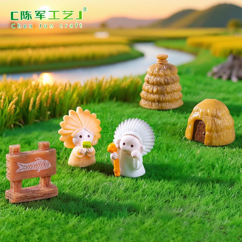 Phụ Kiện Tiểu Cảnh 微景观创意良渚文化堆小人稻草茅草屋 DIY装饰配件迷你树脂小摆件