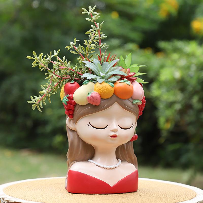 Chậu Cây Resin Chậu cây hình cô gái vòng hoa trái cây resin, chậu mini trang trí sân vườn, ban công và bàn làm việc (RG-214)