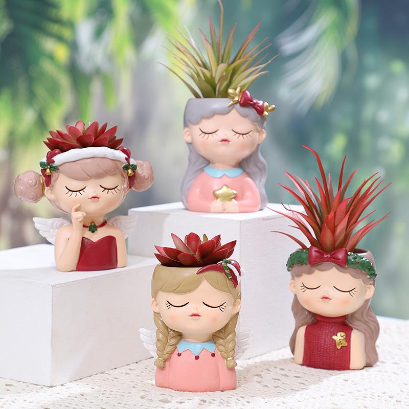 Chậu Cây Resin Chậu cây hình cô gái hoạt hình resin, chậu mọng nước mini, trang trí nhà, ban công và sân vườn (RG-112)