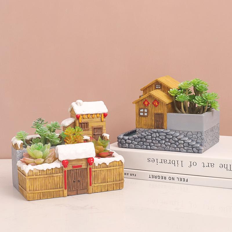 Chậu Cây Resin Chậu cây mọng nước resin phong cách nông trại vintage, chậu mini trang trí nhà, ban công và sân vườn (RG-253)