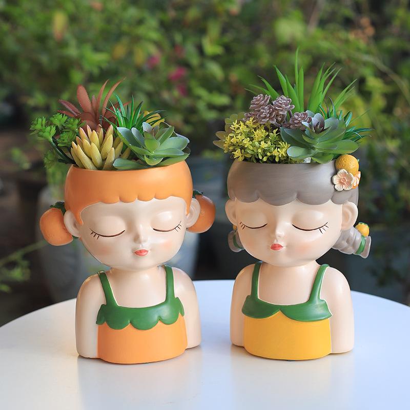 Chậu Cây Resin Chậu cây mọng nước hình cô gái resin, chậu mini trang trí ban công, sân vườn và bàn làm việc (RG-237)
