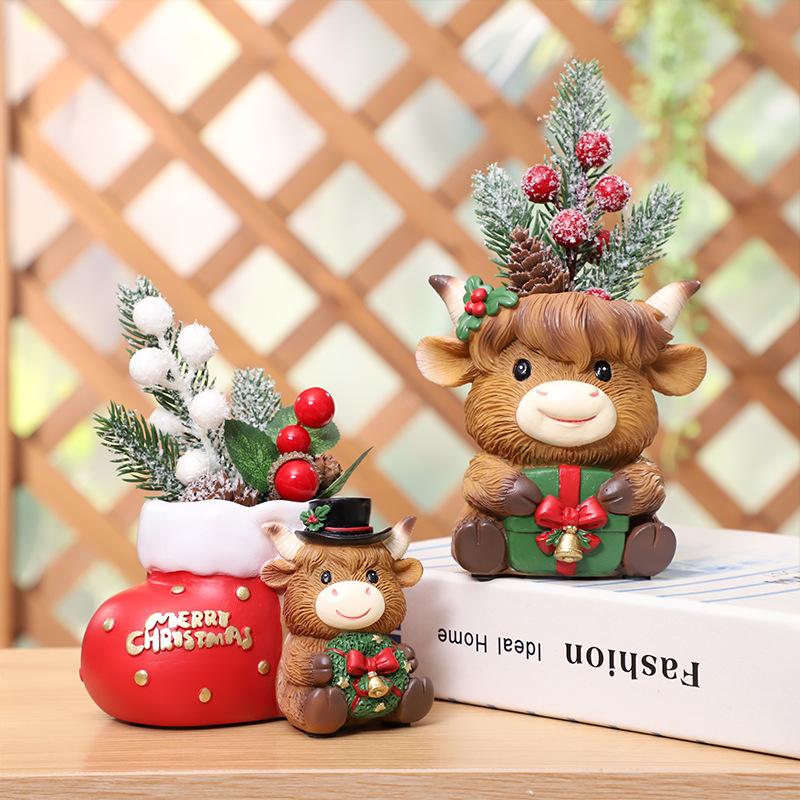 Chậu Cây Resin Chậu cây mọng nước hình bò Highland Giáng Sinh resin, chậu mini phong cách Bắc Âu, trang trí sân vườn (RG-204)