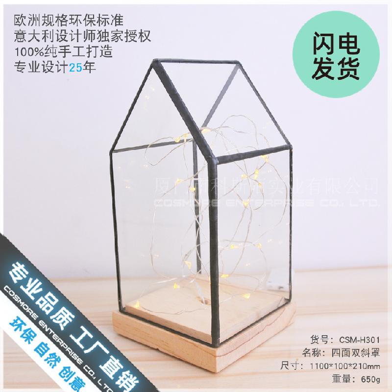 Chậu Đa Giác Đèn kính đế gỗ đôi LED decor (DG-136)