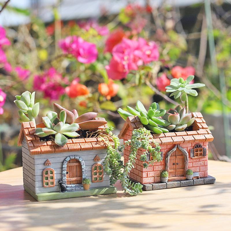 Chậu Cây Resin Chậu cây hình ngôi nhà đồng quê resin, chậu mọng nước mini, trang trí bàn và sân vườn (RG-80)