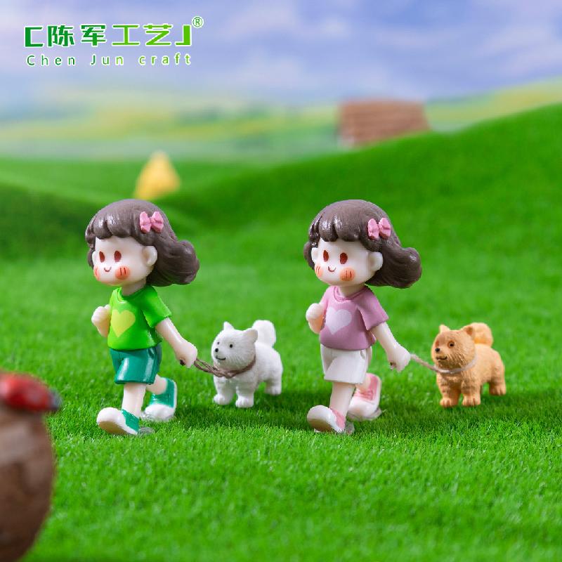 Phụ Kiện Tiểu Cảnh 微景观创意可爱小女孩牵狗园艺造景 DIY装饰品配件迷你桌面小摆件