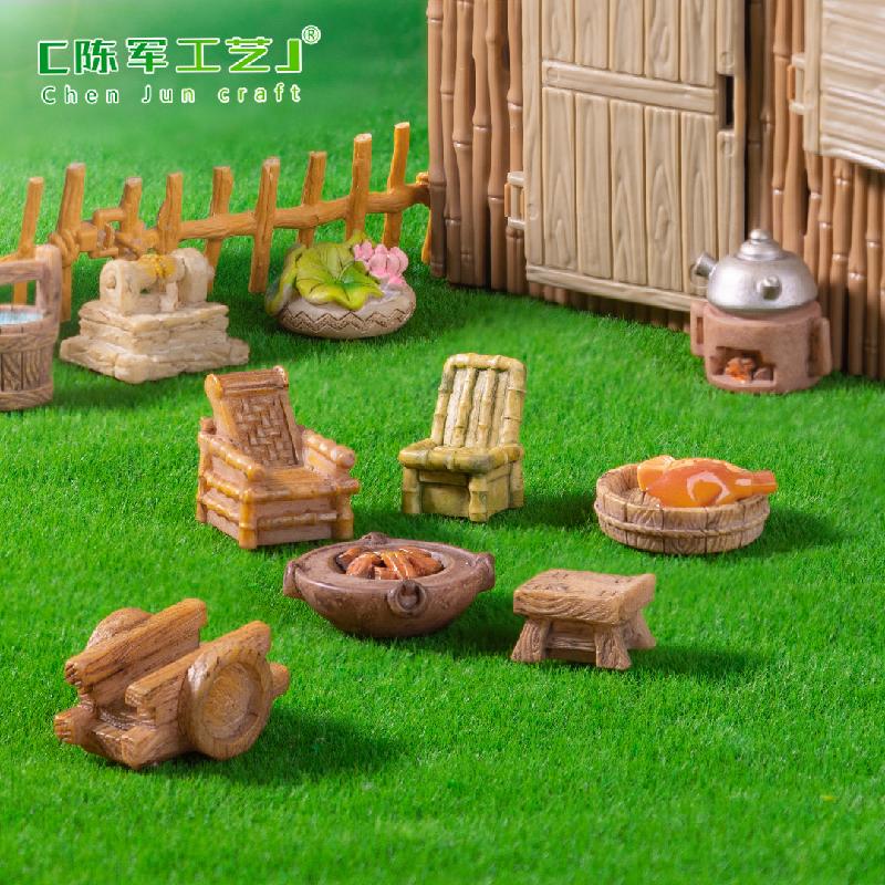 Phụ Kiện Tiểu Cảnh 微景观创意古风竹椅推车小物件庭院造景 DIY装饰品配件迷你小摆件