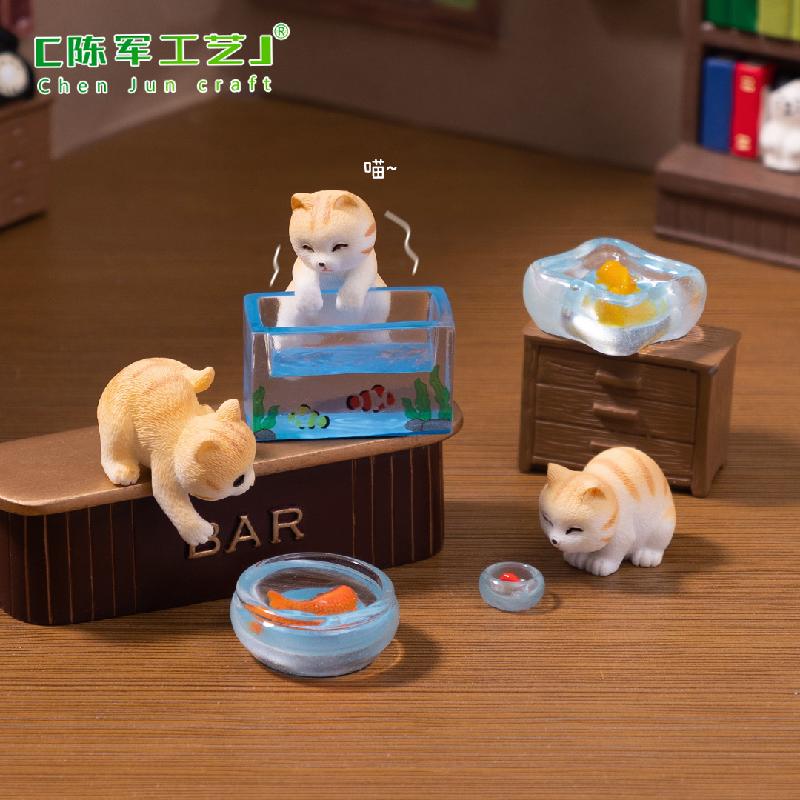 Phụ Kiện Tiểu Cảnh 微景观创意可爱调皮捞鱼小花猫娃娃屋 DIY装饰配件迷你微缩小摆件