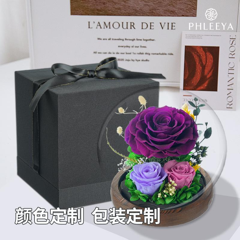 Hoa khô trang trí Hoa hồng vĩnh cửu lồng kính quả cầu vũ trụ quà Valentine (HK-113)